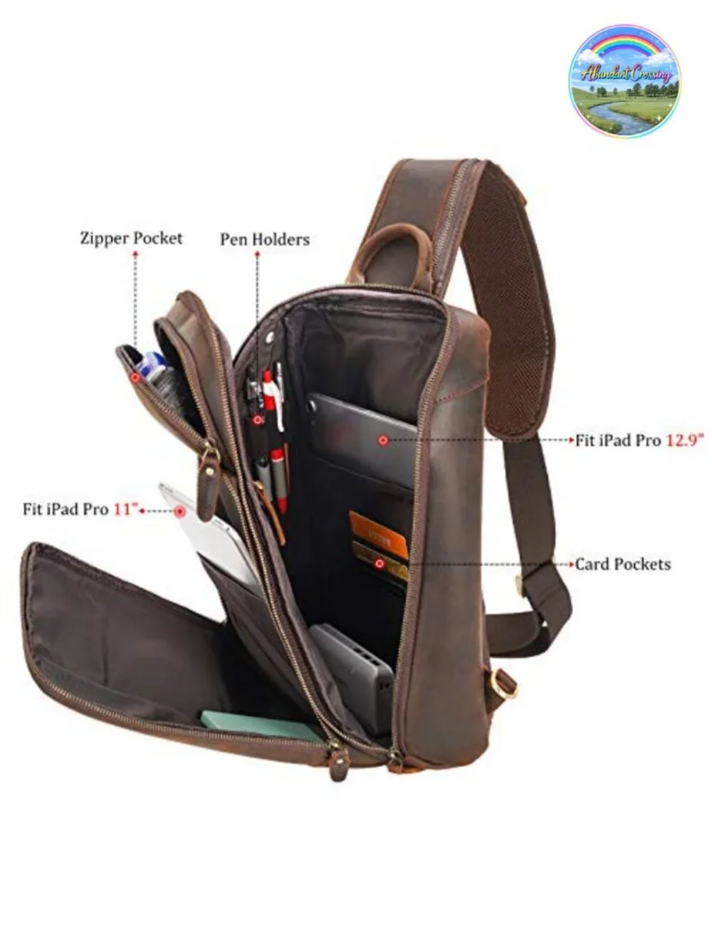 Men's Leather Sling Backpack Travel Hiking Daypack with YKK Zippers